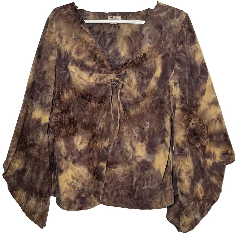 Vintage Y2K MKM Designs 3X Purple Tan Tie Dye Ruched Bell Sleeve Whimsigoth Top